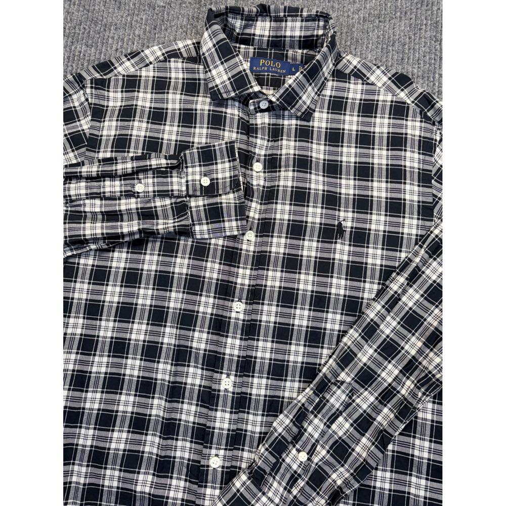 Polo Ralph Lauren Mens Black White Plaid Cotton Button Down Shirt Large L